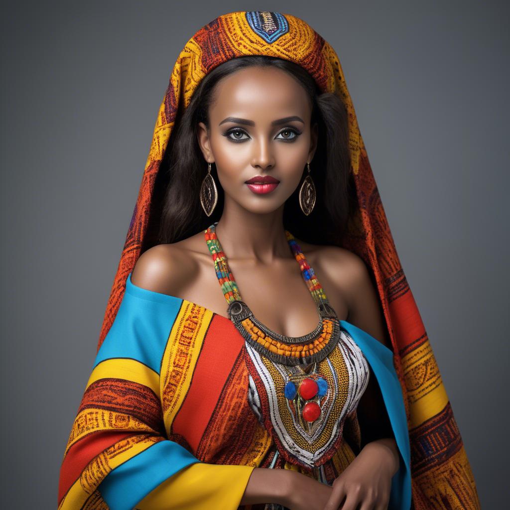 A stunning image of ethiopian model glowing in colorful traditional fabric accentuating regal poise and grace.