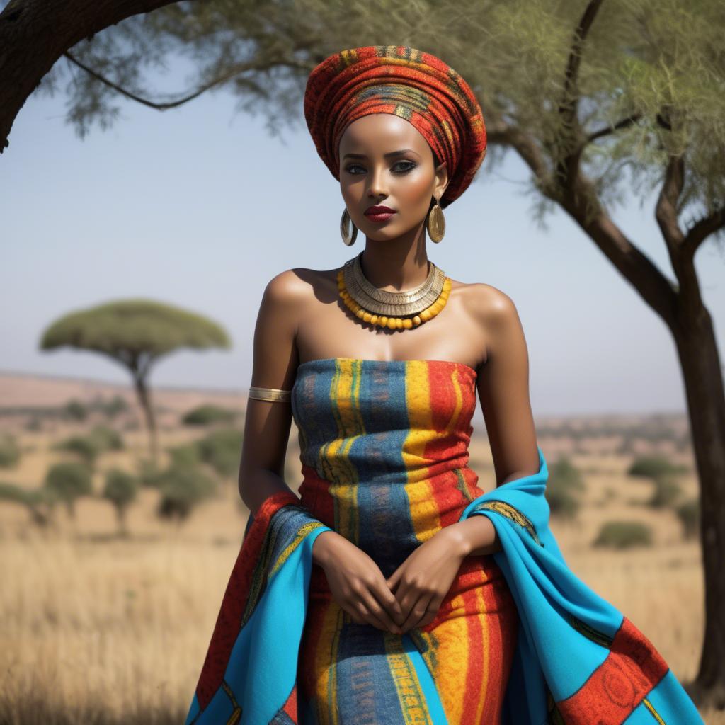 A stunning image of ethiopian model glowing in colorful traditional fabric accentuating regal poise and grace.