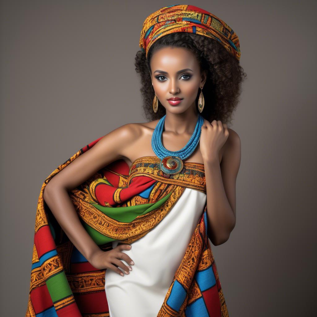 A stunning image of ethiopian model glowing in colorful traditional fabric accentuating regal poise and grace.