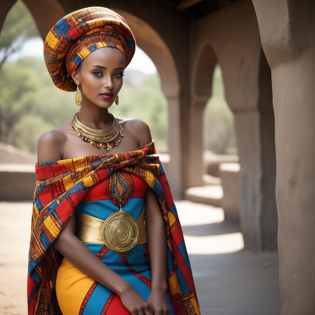 A stunning image of ethiopian model glowing in colorful traditional fabric accentuating regal poise and grace.