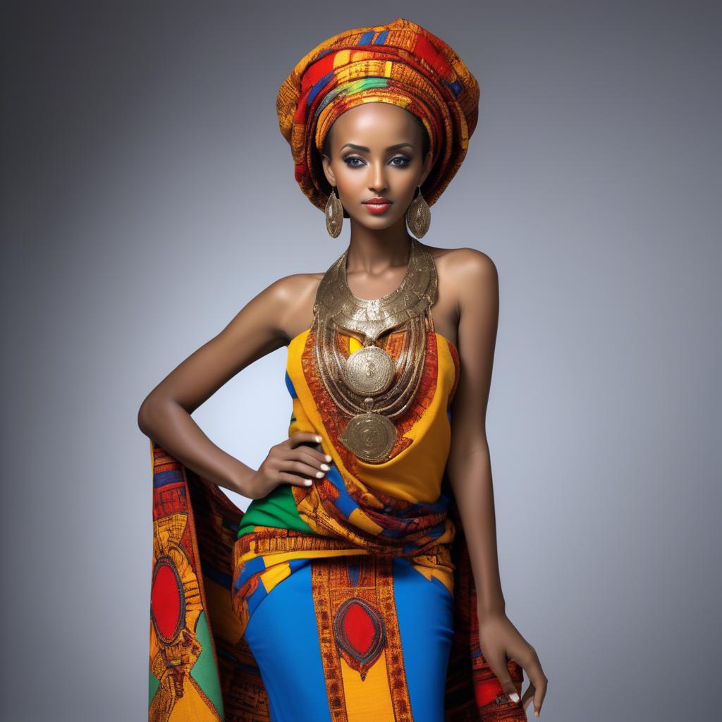 A stunning image of ethiopian model glowing in colorful traditional fabric accentuating regal poise and grace.
