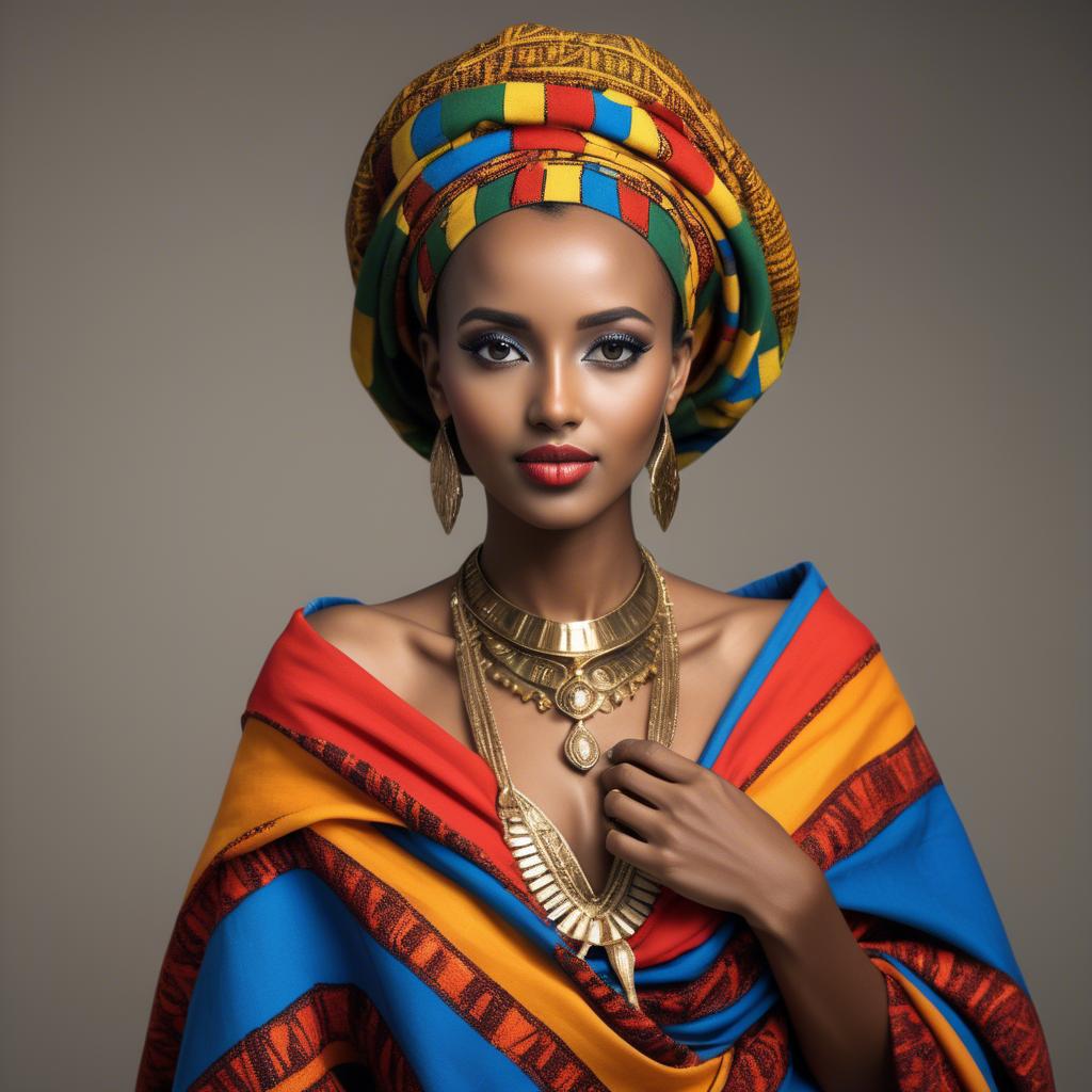 A stunning image of ethiopian model glowing in colorful traditional fabric accentuating regal poise and grace.