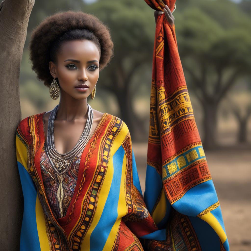 A stunning image of ethiopian model glowing in colorful traditional fabric accentuating regal poise and grace.