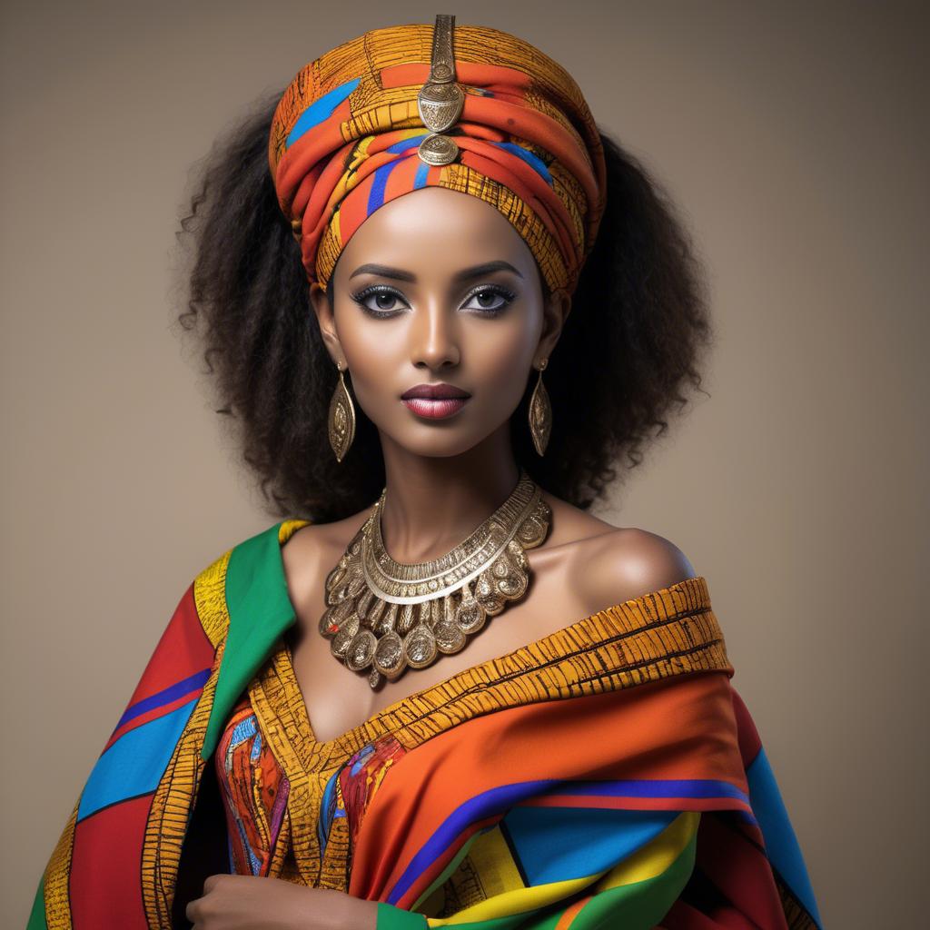 A stunning image of ethiopian model glowing in colorful traditional fabric accentuating regal poise and grace.