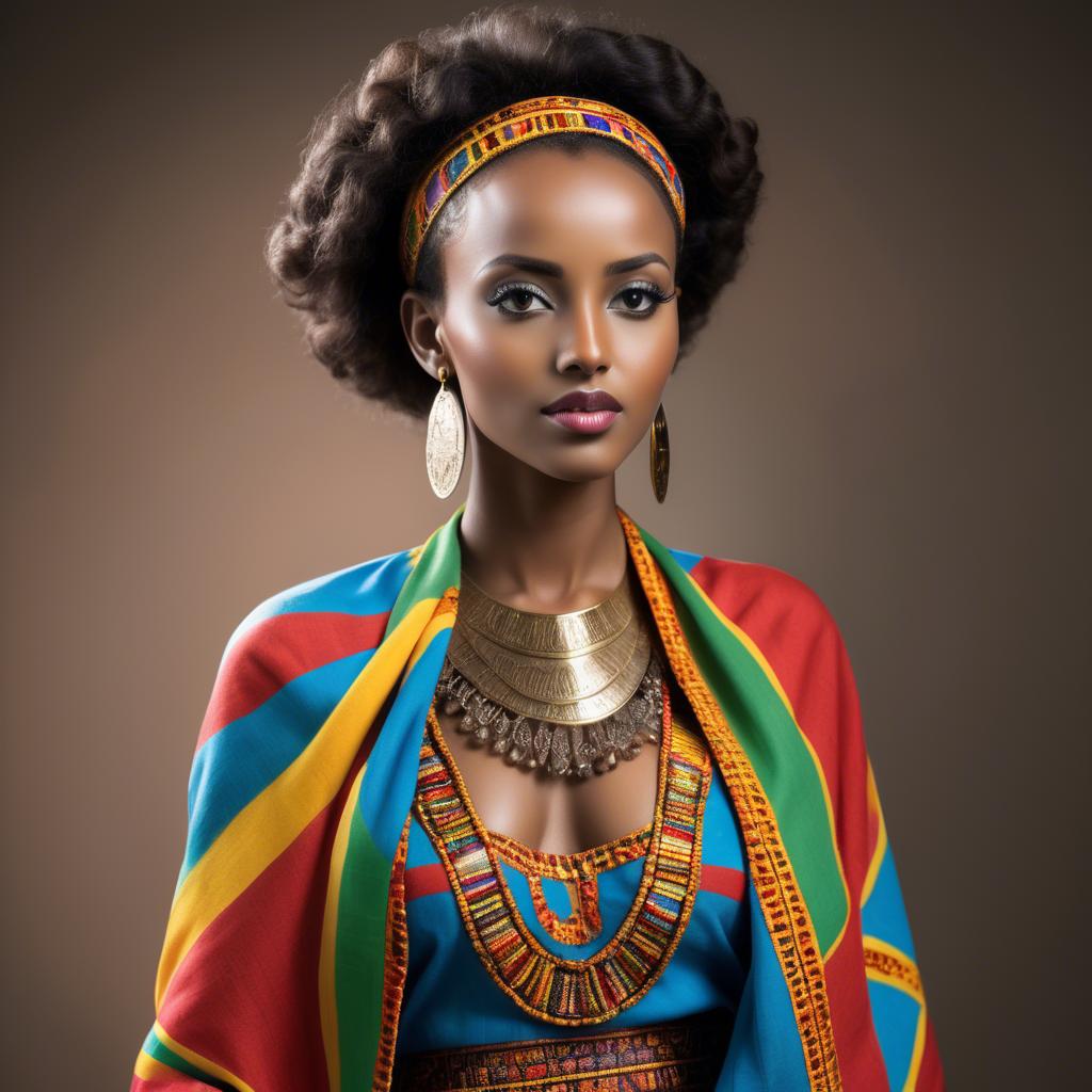 A stunning image of ethiopian model glowing in colorful traditional fabric accentuating regal poise and grace.