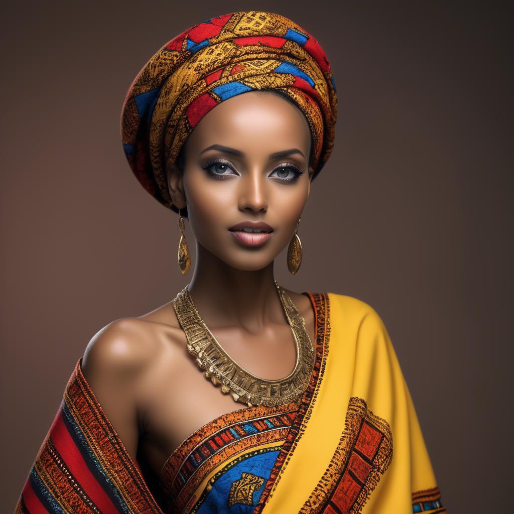A stunning image of ethiopian model glowing in colorful traditional fabric accentuating regal poise and grace.