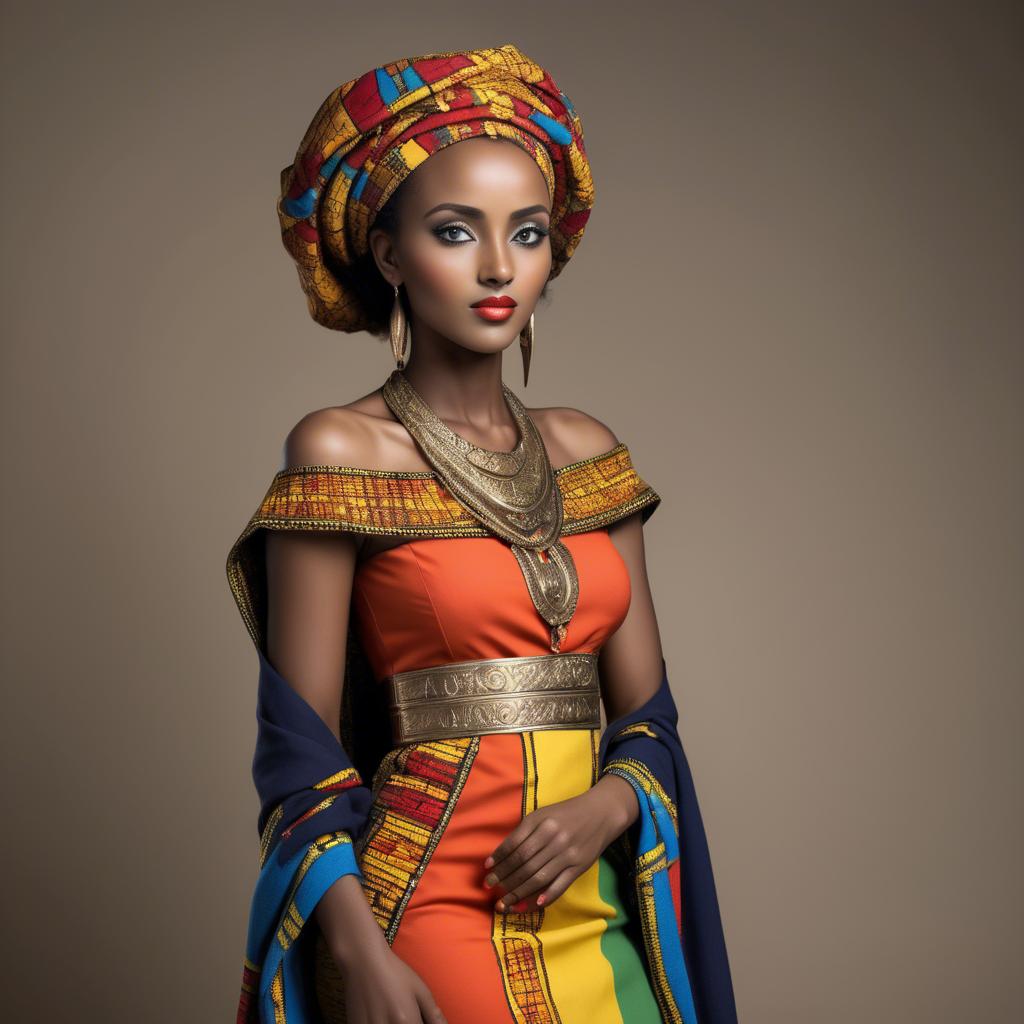 A stunning image of ethiopian model glowing in colorful traditional fabric accentuating regal poise and grace.