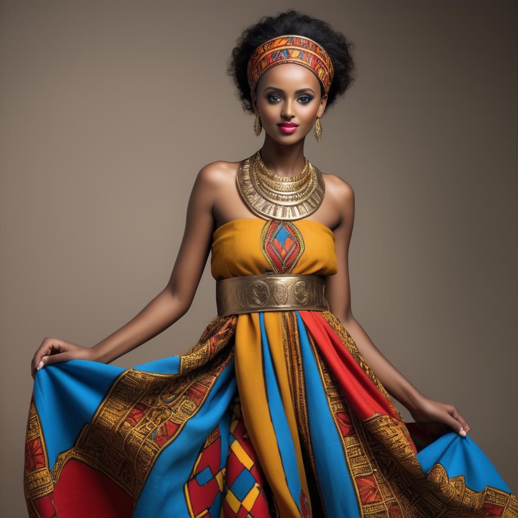 A stunning image of ethiopian model glowing in colorful traditional fabric accentuating regal poise and grace.