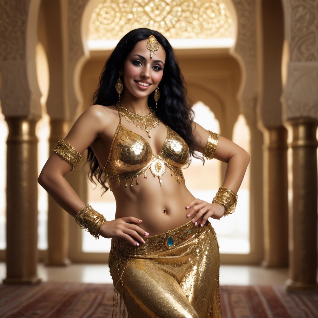A stunning image of exotic moroccan woman exuding confidence in a shimmering gold belly-dance ensemble.