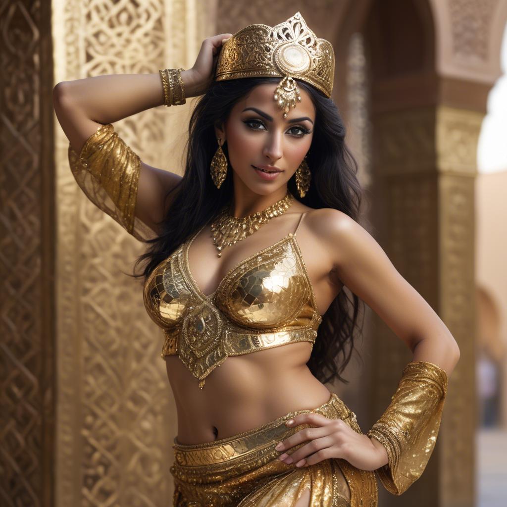 A stunning image of exotic moroccan woman exuding confidence in a shimmering gold belly-dance ensemble.