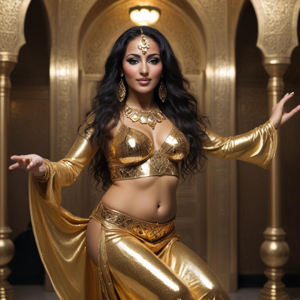 A stunning image of exotic moroccan woman exuding confidence in a shimmering gold belly-dance ensemble.