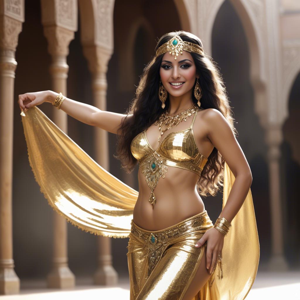 A stunning image of exotic moroccan woman exuding confidence in a shimmering gold belly-dance ensemble.