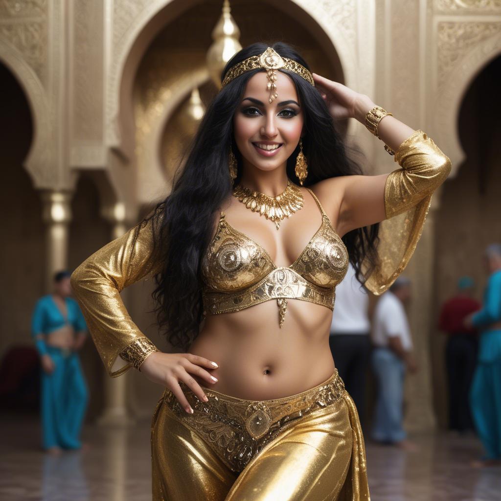 A stunning image of exotic moroccan woman exuding confidence in a shimmering gold belly-dance ensemble.