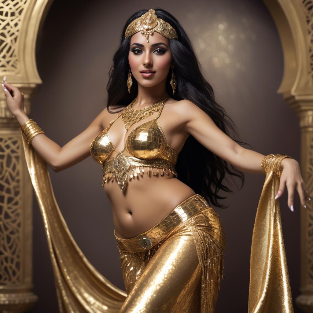 A stunning image of exotic moroccan woman exuding confidence in a shimmering gold belly-dance ensemble.