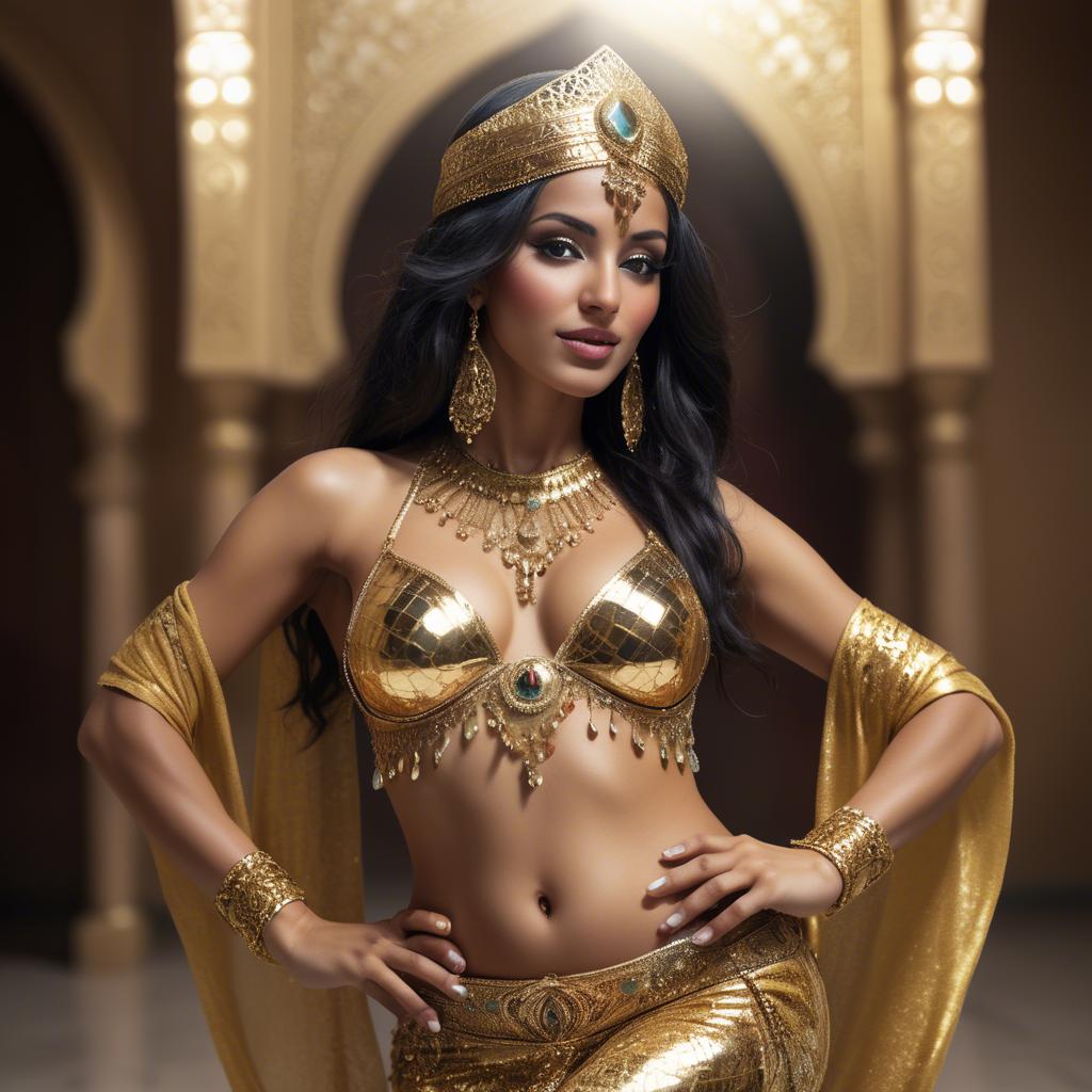 A stunning image of exotic moroccan woman exuding confidence in a shimmering gold belly-dance ensemble.