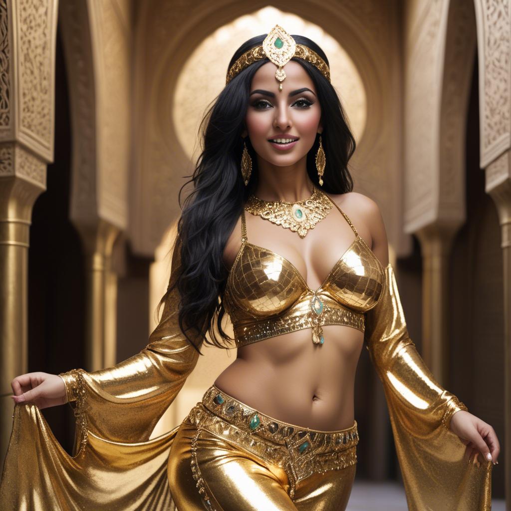 A stunning image of exotic moroccan woman exuding confidence in a shimmering gold belly-dance ensemble.