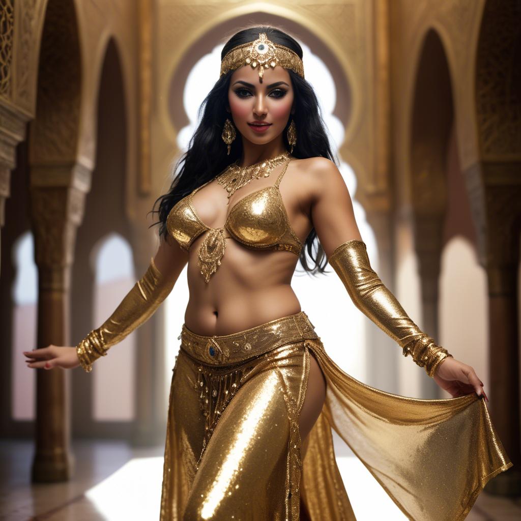 A stunning image of exotic moroccan woman exuding confidence in a shimmering gold belly-dance ensemble.