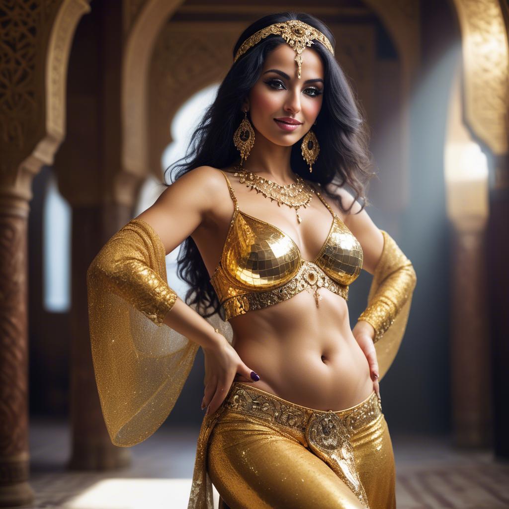 A stunning image of exotic moroccan woman exuding confidence in a shimmering gold belly-dance ensemble.