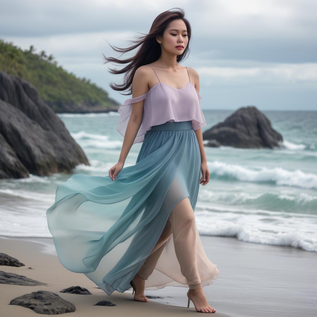 A stunning image of filipina fashionista in pastel chiffon layers gently moving with the ocean breeze.