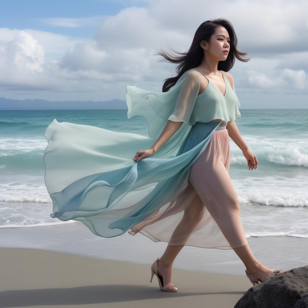 A stunning image of filipina fashionista in pastel chiffon layers gently moving with the ocean breeze.