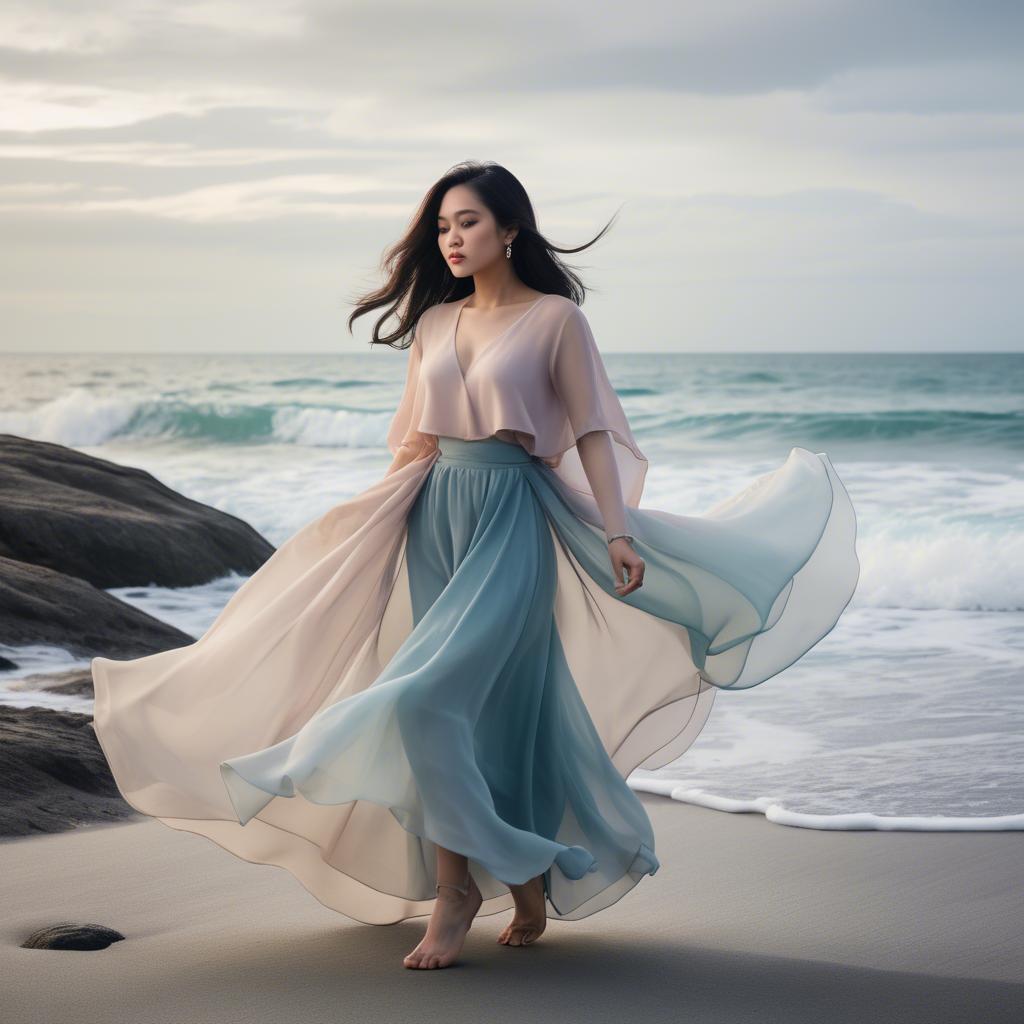 A stunning image of filipina fashionista in pastel chiffon layers gently moving with the ocean breeze.