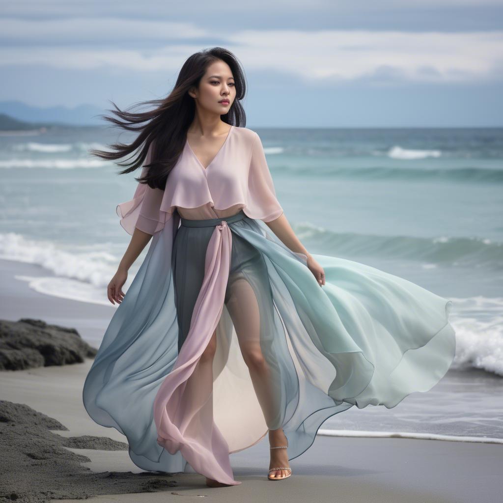 A stunning image of filipina fashionista in pastel chiffon layers gently moving with the ocean breeze.