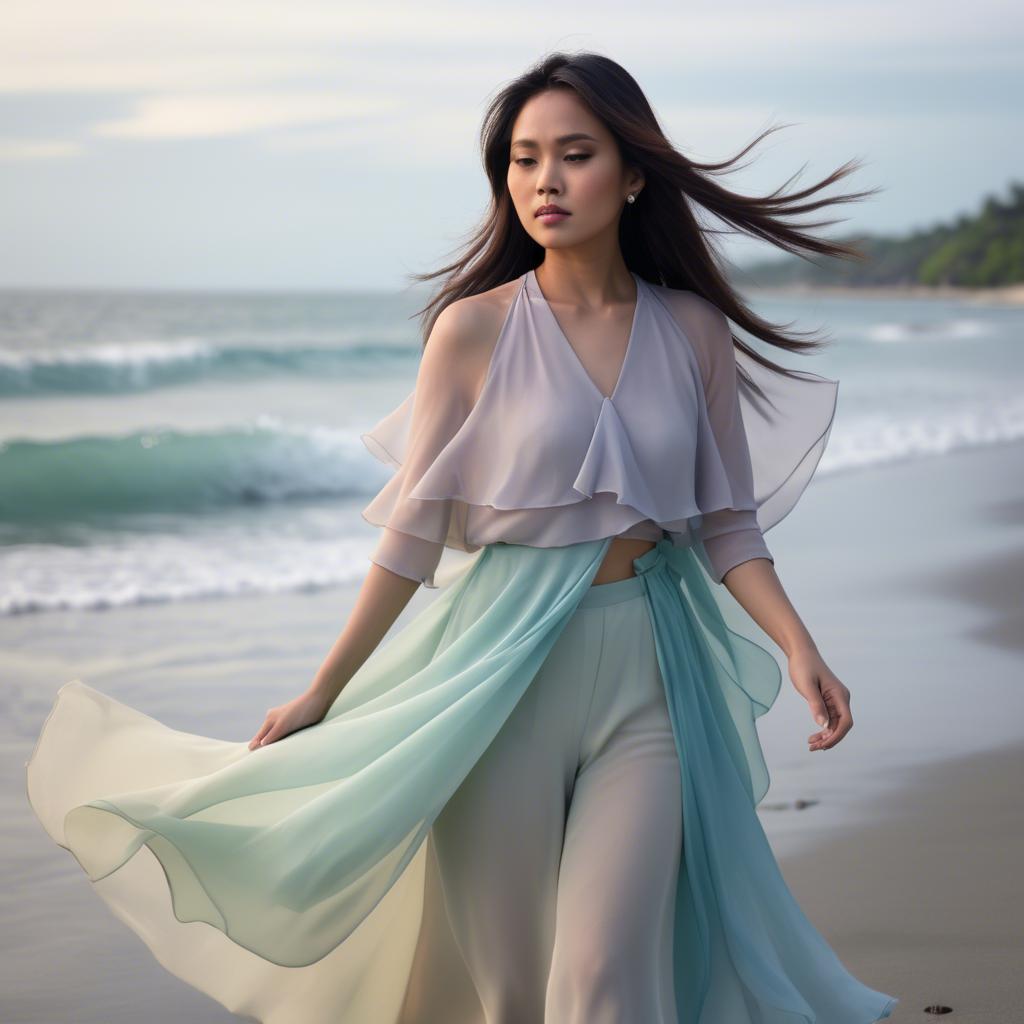 A stunning image of filipina fashionista in pastel chiffon layers gently moving with the ocean breeze.