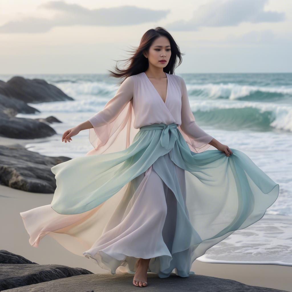 A stunning image of filipina fashionista in pastel chiffon layers gently moving with the ocean breeze.
