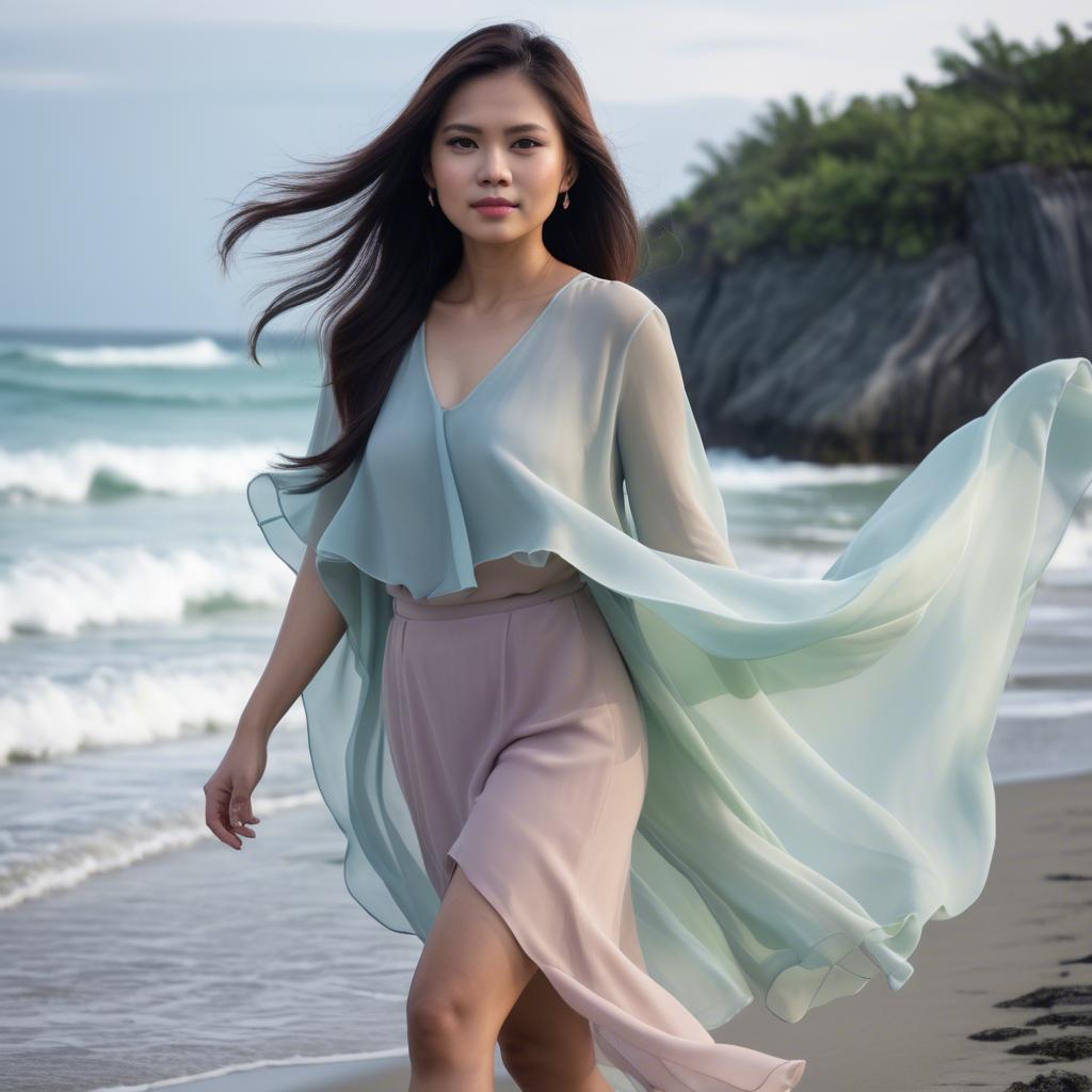 A stunning image of filipina fashionista in pastel chiffon layers gently moving with the ocean breeze.