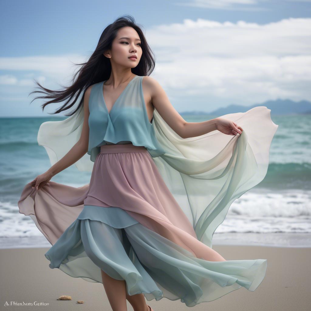 A stunning image of filipina fashionista in pastel chiffon layers gently moving with the ocean breeze.