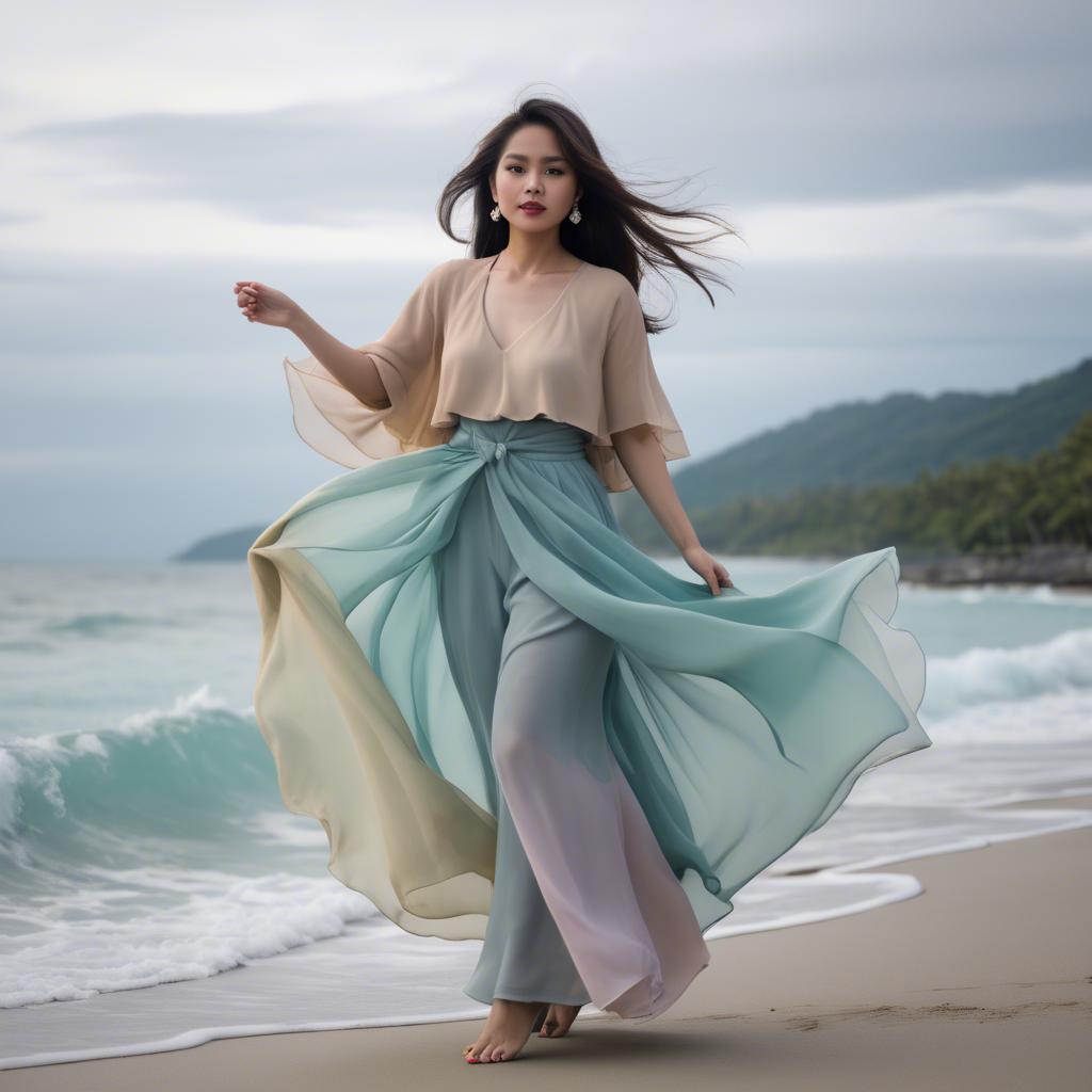 A stunning image of filipina fashionista in pastel chiffon layers gently moving with the ocean breeze.