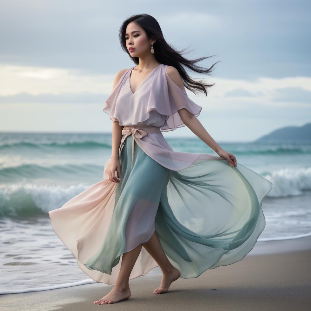 A stunning image of filipina fashionista in pastel chiffon layers gently moving with the ocean breeze.