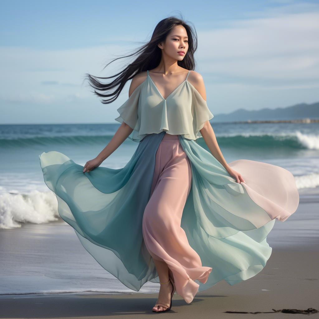 A stunning image of filipina fashionista in pastel chiffon layers gently moving with the ocean breeze.