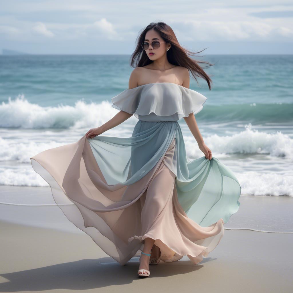 A stunning image of filipina fashionista in pastel chiffon layers gently moving with the ocean breeze.