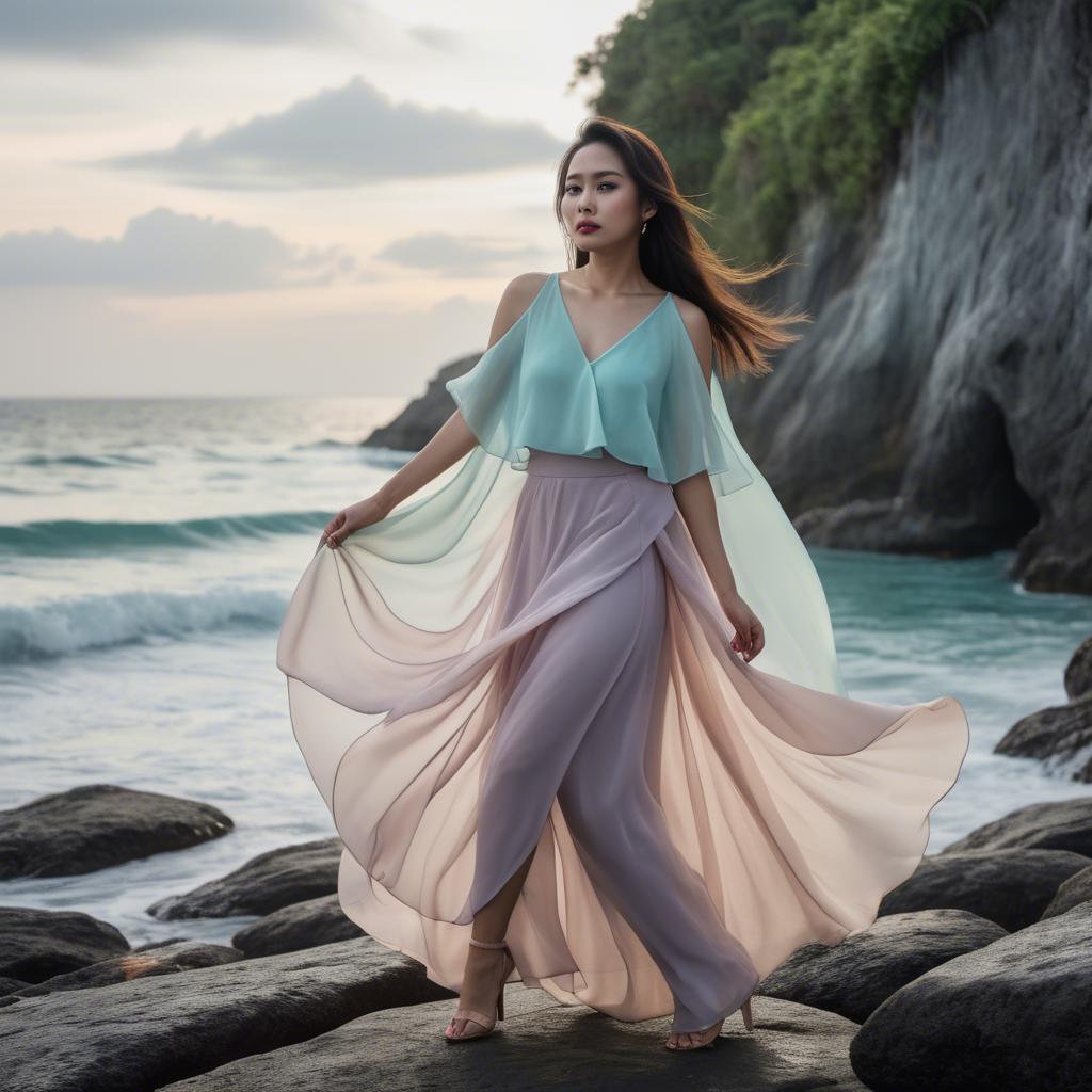 A stunning image of filipina fashionista in pastel chiffon layers gently moving with the ocean breeze.