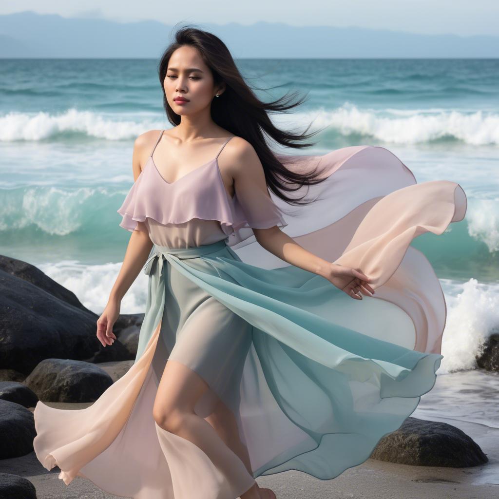 A stunning image of filipina fashionista in pastel chiffon layers gently moving with the ocean breeze.