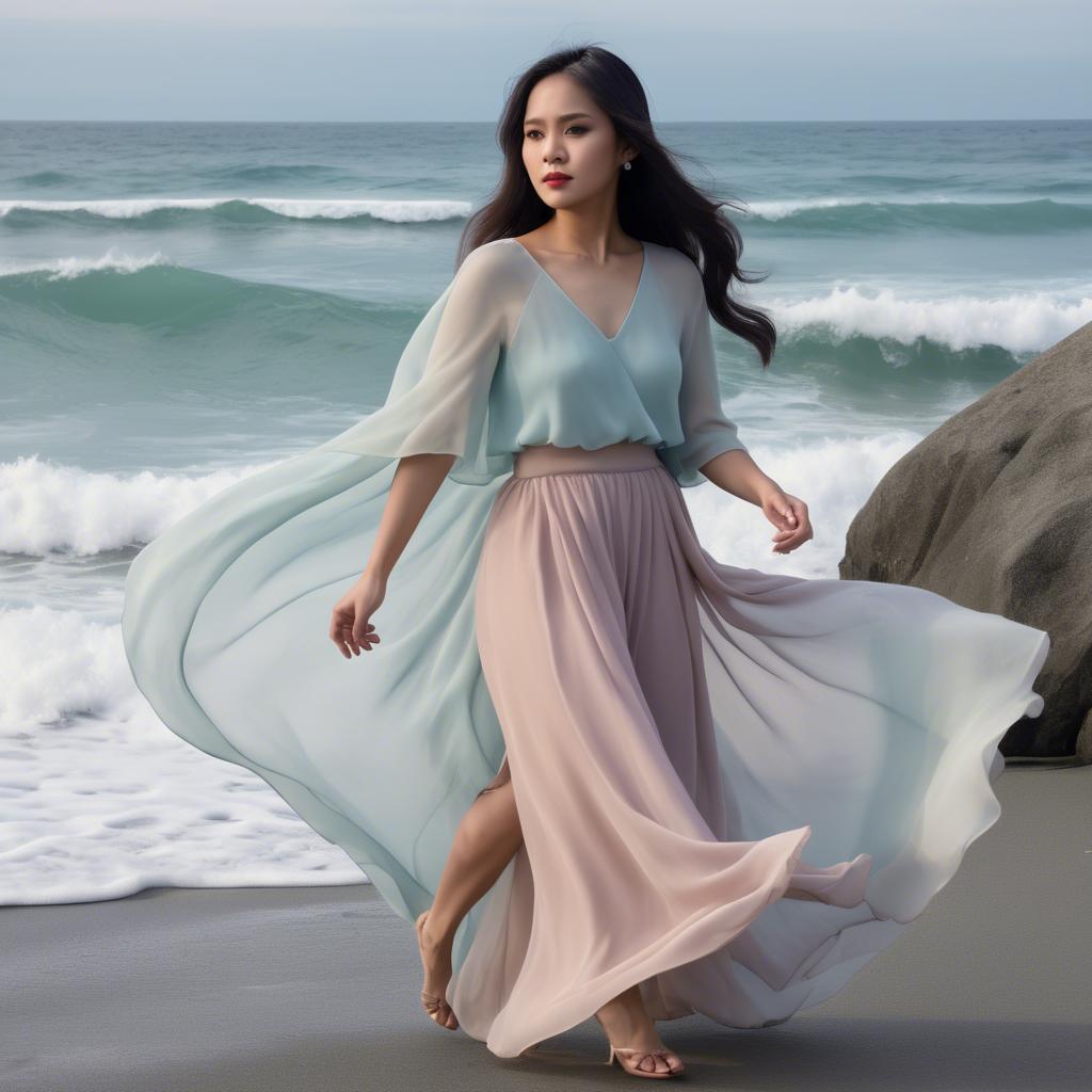 A stunning image of filipina fashionista in pastel chiffon layers gently moving with the ocean breeze.