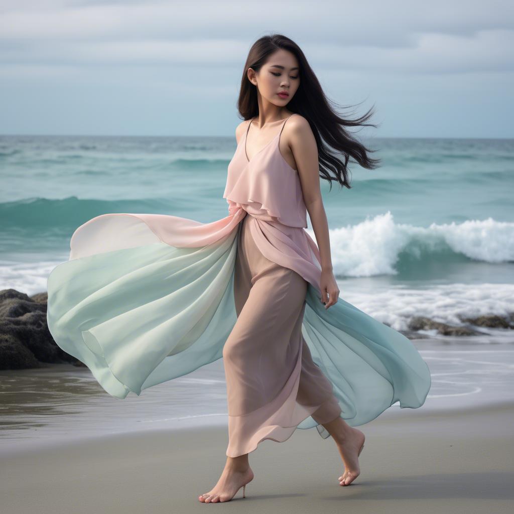 A stunning image of filipina fashionista in pastel chiffon layers gently moving with the ocean breeze.