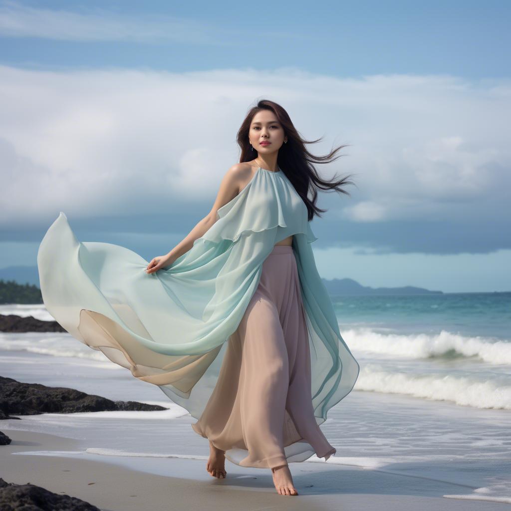 A stunning image of filipina fashionista in pastel chiffon layers gently moving with the ocean breeze.