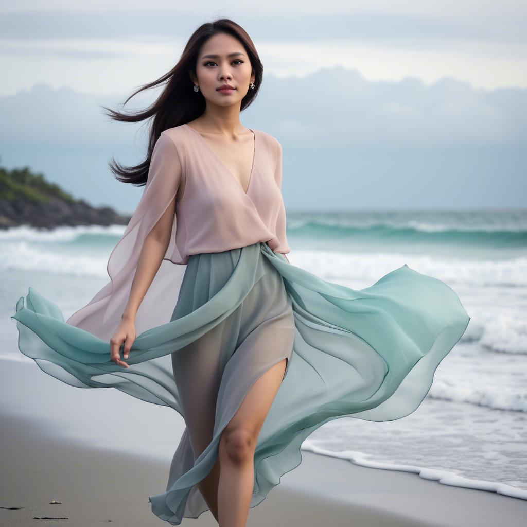 A stunning image of filipina fashionista in pastel chiffon layers gently moving with the ocean breeze.
