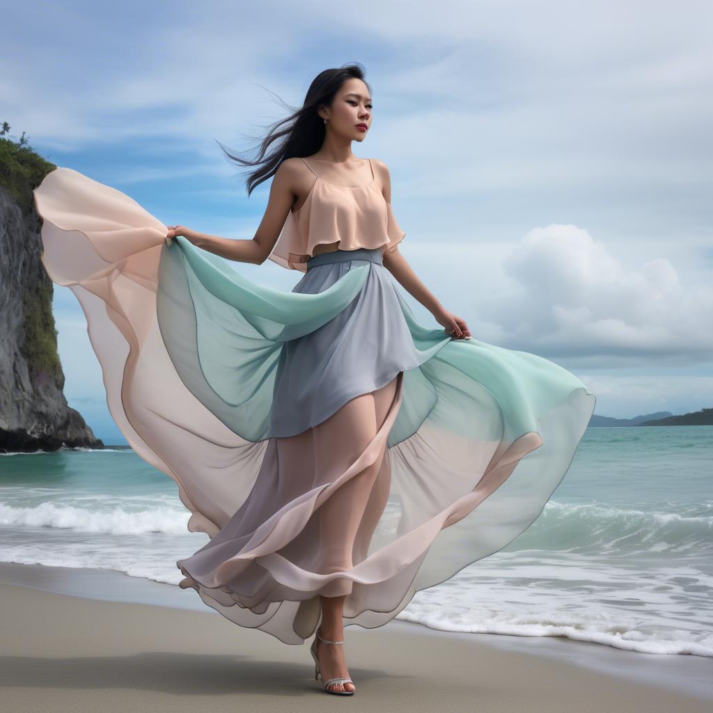 A stunning image of filipina fashionista in pastel chiffon layers gently moving with the ocean breeze.