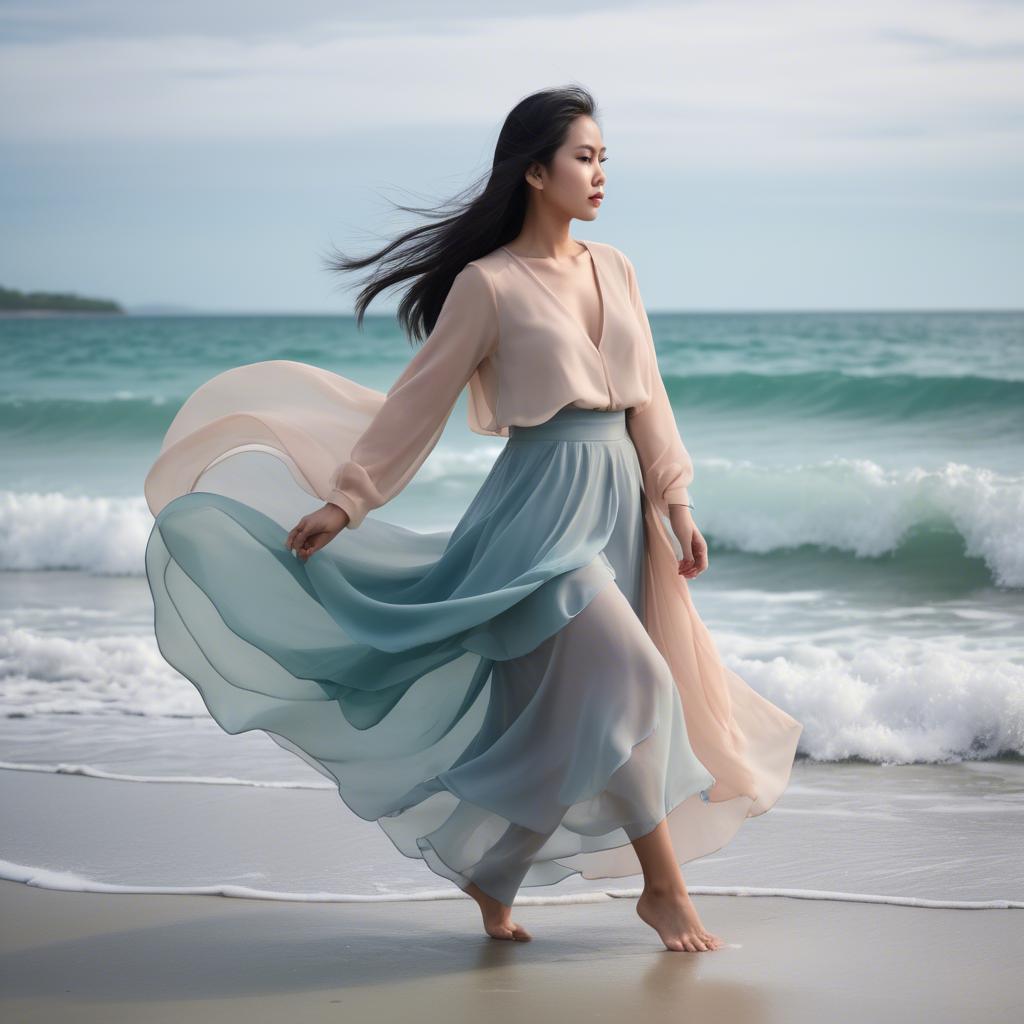 A stunning image of filipina fashionista in pastel chiffon layers gently moving with the ocean breeze.