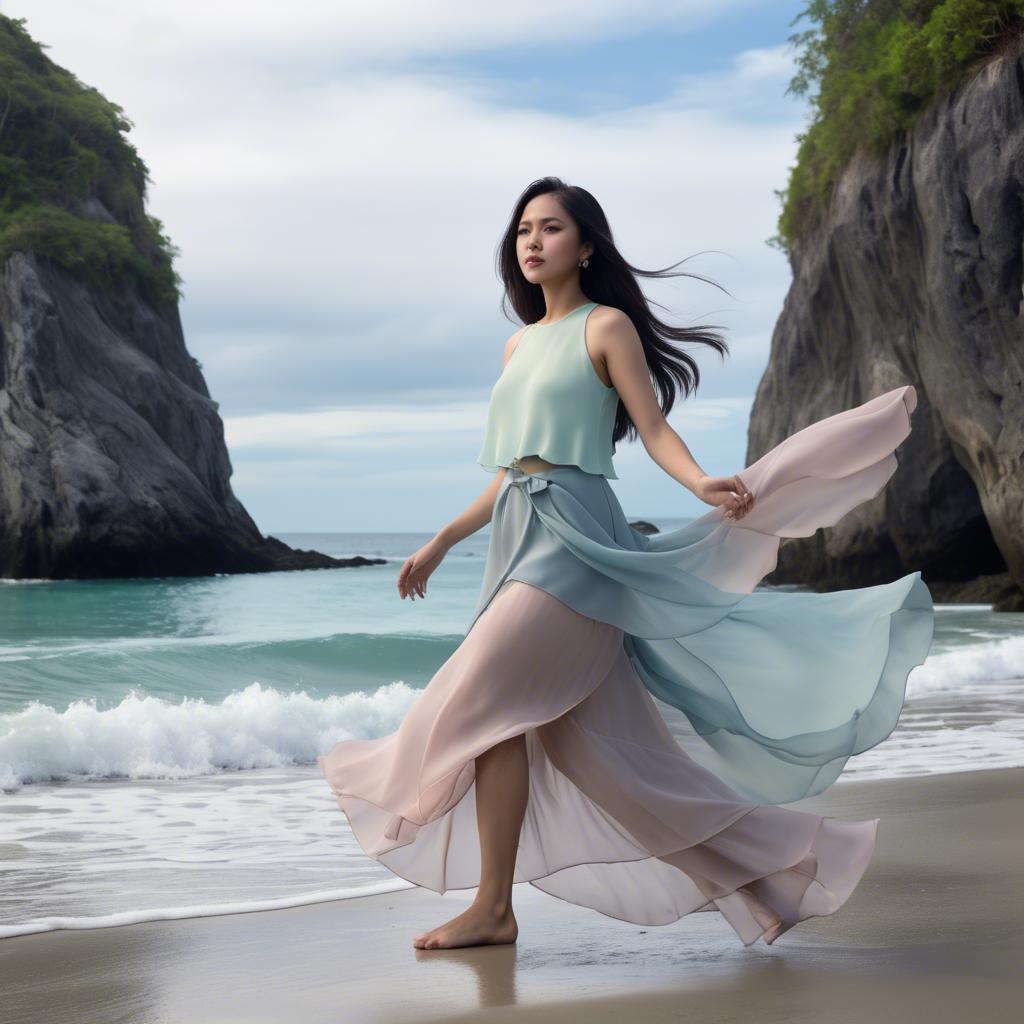 A stunning image of filipina fashionista in pastel chiffon layers gently moving with the ocean breeze.
