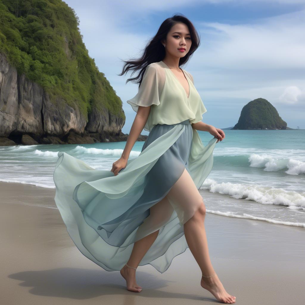 A stunning image of filipina fashionista in pastel chiffon layers gently moving with the ocean breeze.