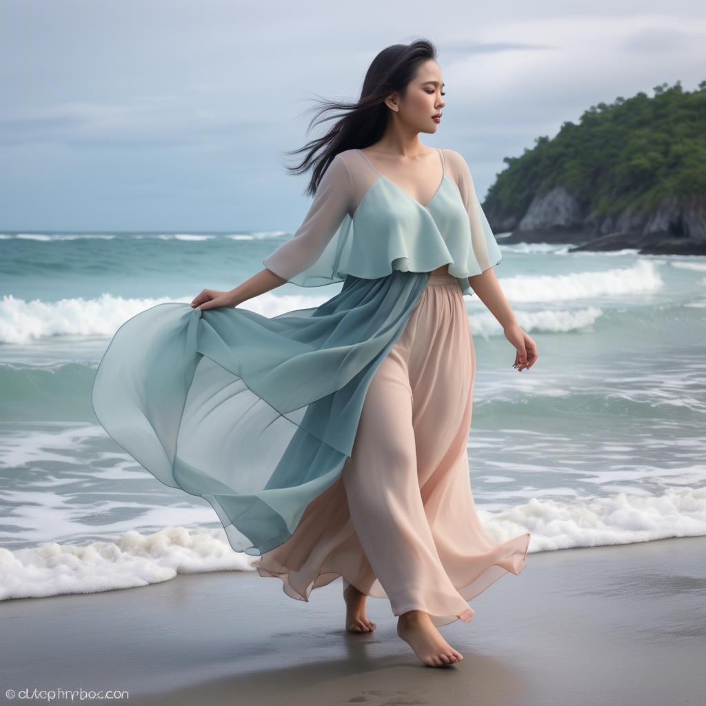 A stunning image of filipina fashionista in pastel chiffon layers gently moving with the ocean breeze.