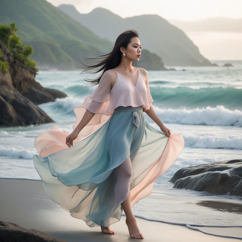 A stunning image of filipina fashionista in pastel chiffon layers gently moving with the ocean breeze.