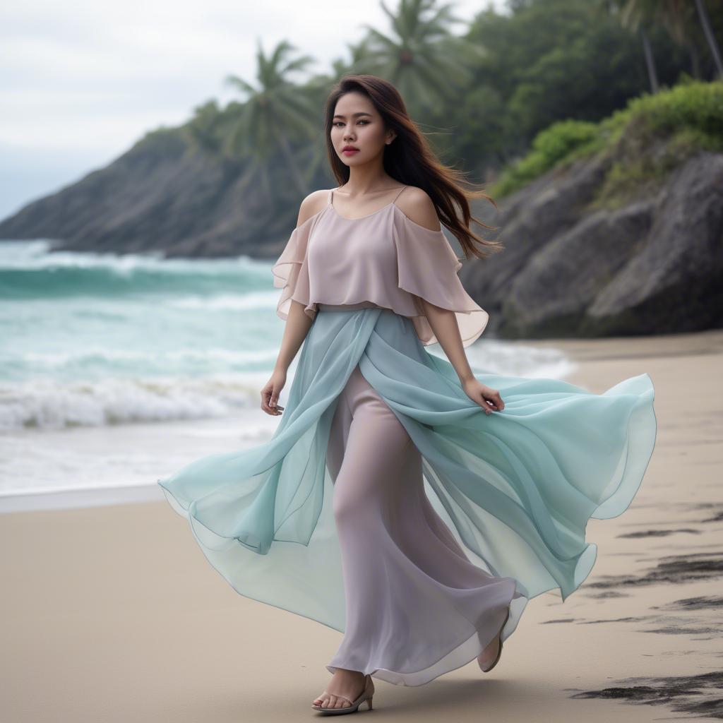 A stunning image of filipina fashionista in pastel chiffon layers gently moving with the ocean breeze.