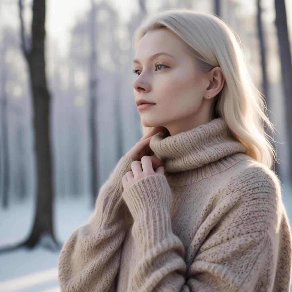 A stunning image of finnish starlet embracing nordic minimalism wearing soft knits under pale winter sunlight.