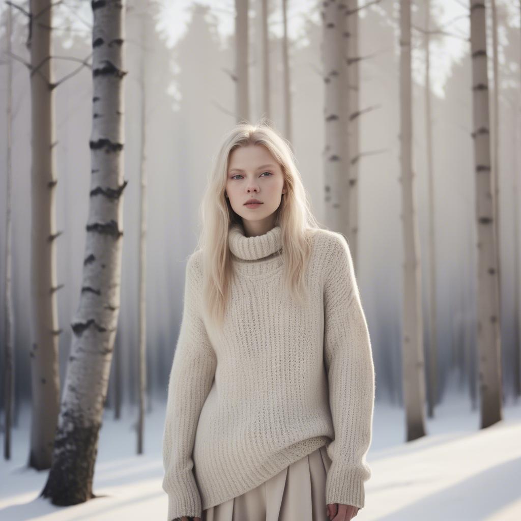 A stunning image of finnish starlet embracing nordic minimalism wearing soft knits under pale winter sunlight.