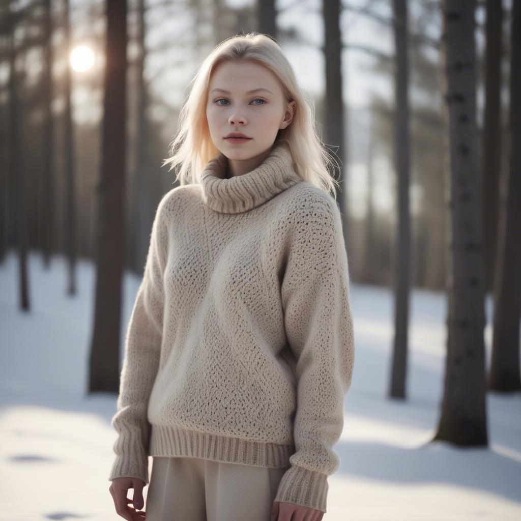 A stunning image of finnish starlet embracing nordic minimalism wearing soft knits under pale winter sunlight.